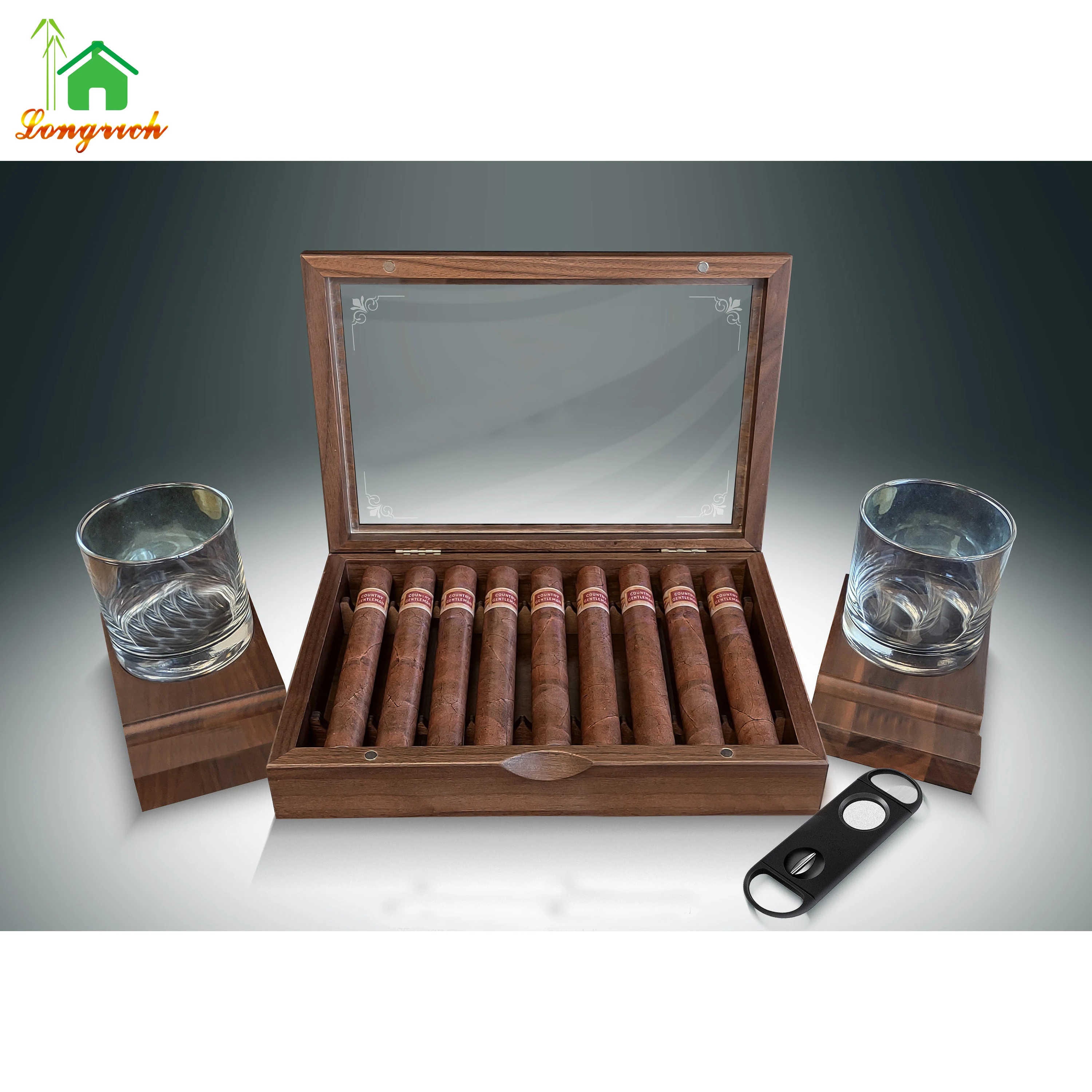 wooden custom spanish cedar wooden box with hygrometer humidifier solution desktop glass cigar humidor