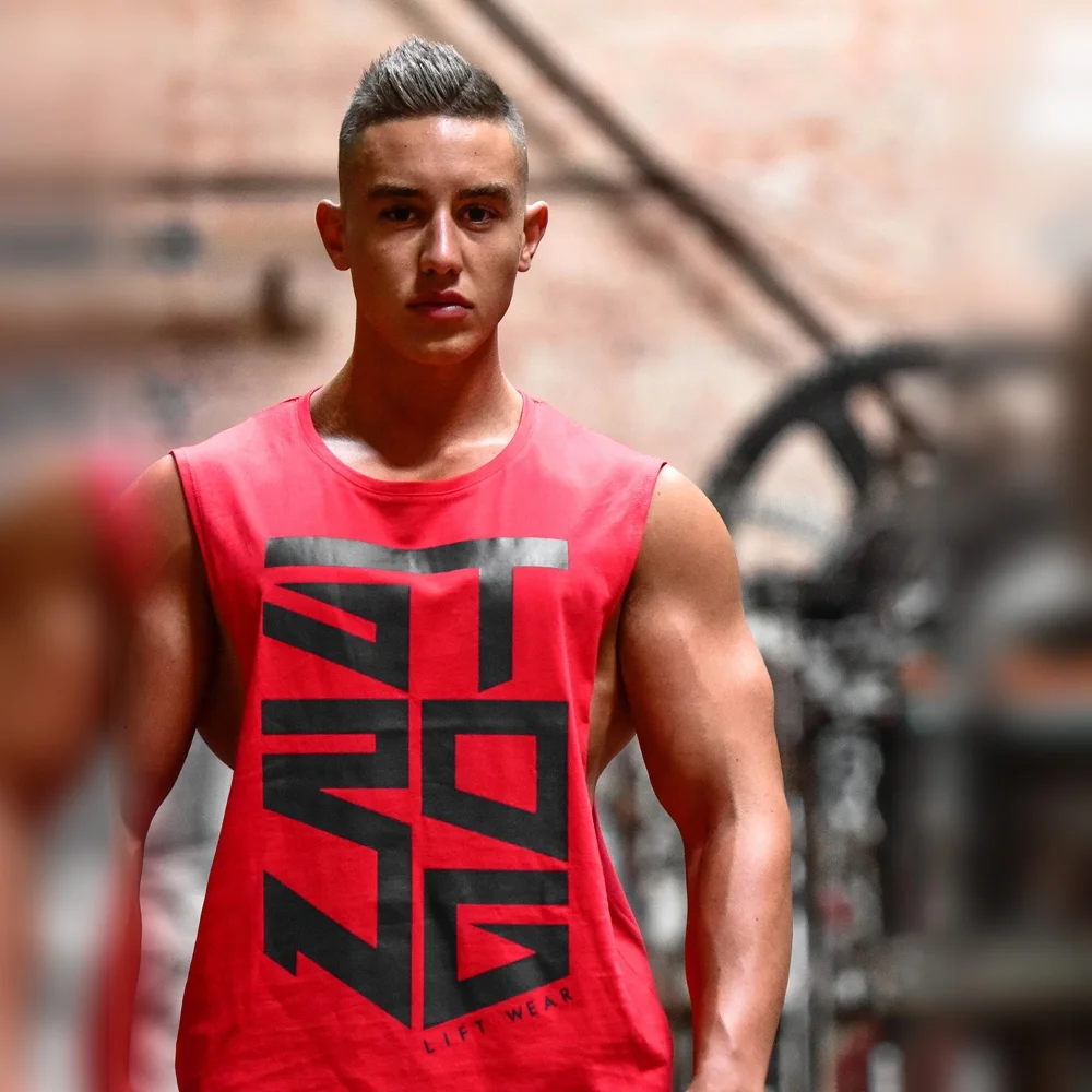 
White Loose gym man tank top bodybuilding custom logo printing training weight lifting men singlet sports wear 