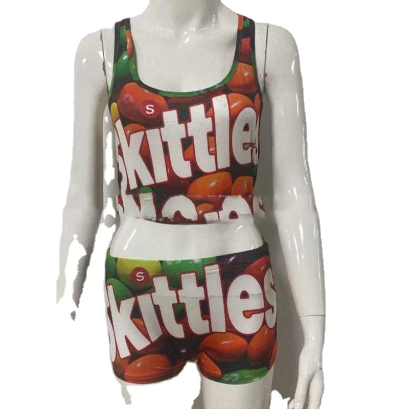 fashionable 2021 summer sexy off the shoulder crop top dicky printed 2 piece women track two piece biker short set