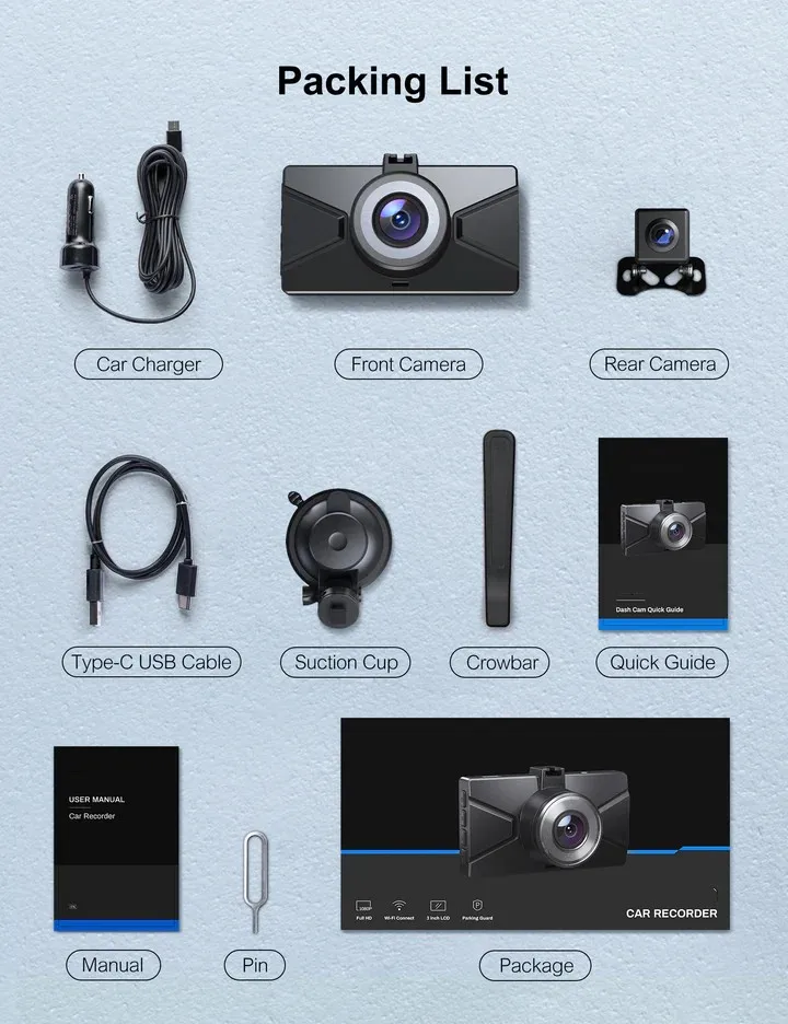 Front and Rear Dual Camera 1080P HD Car Black Box Dash Cam Car Video Recorder With WiFi G-Sensor Night Vision Dashcam