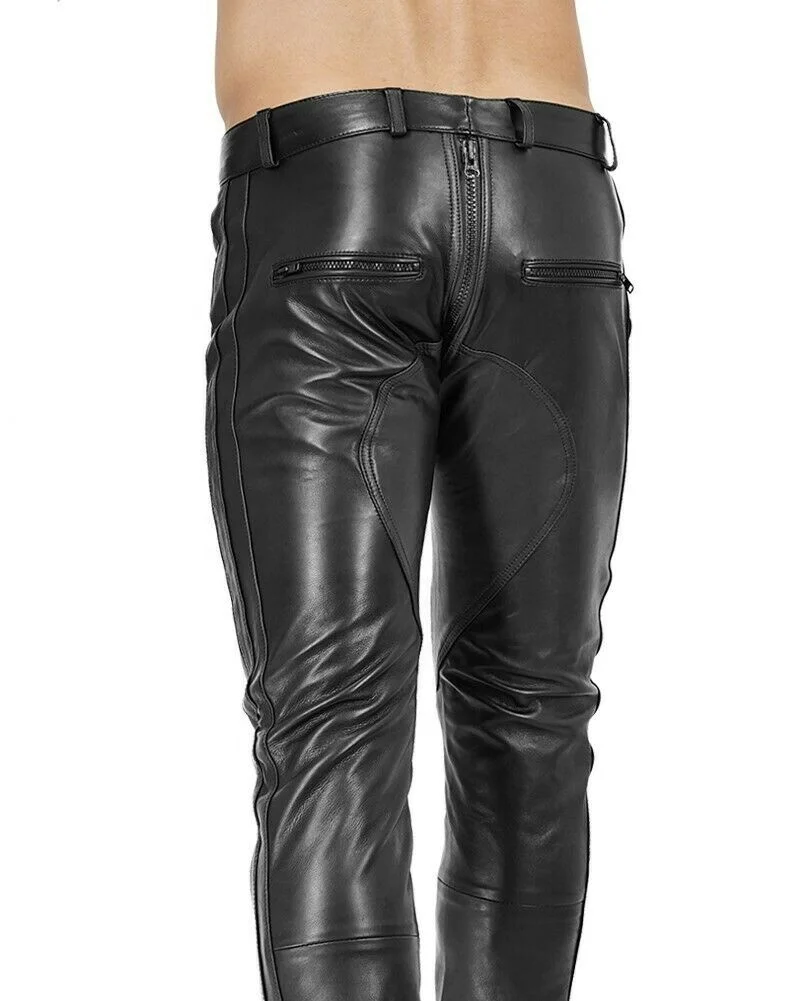 Kiwiz Gay Zip Leather Pants / Aniline Cowhide Smooth Motorbike Leather Pants