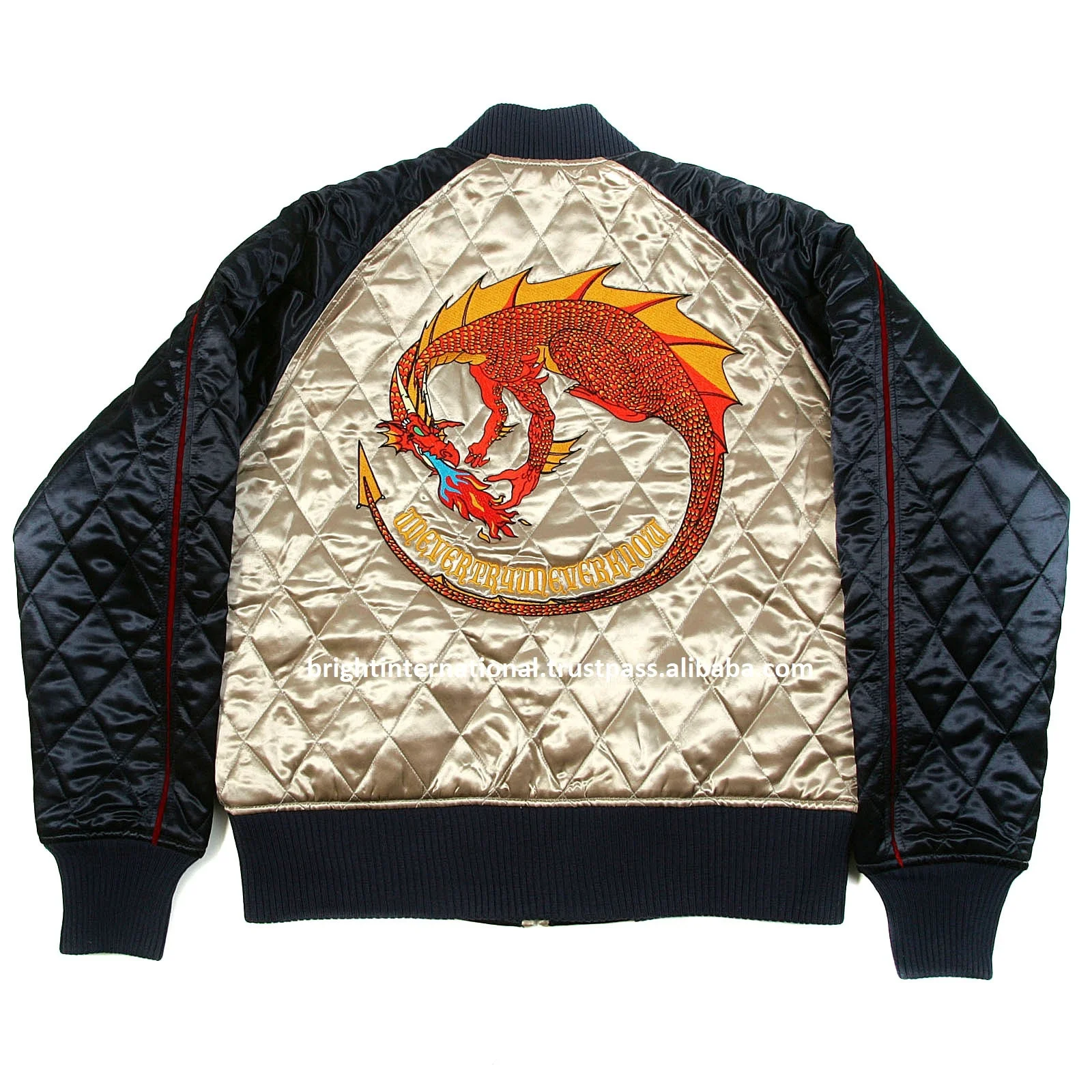 
OEM Custom Varsity Silk Reversible Quilted Jacket with Embroidered Claw Hungry Dragon Japan Bomber Jackets black body Plus Size 