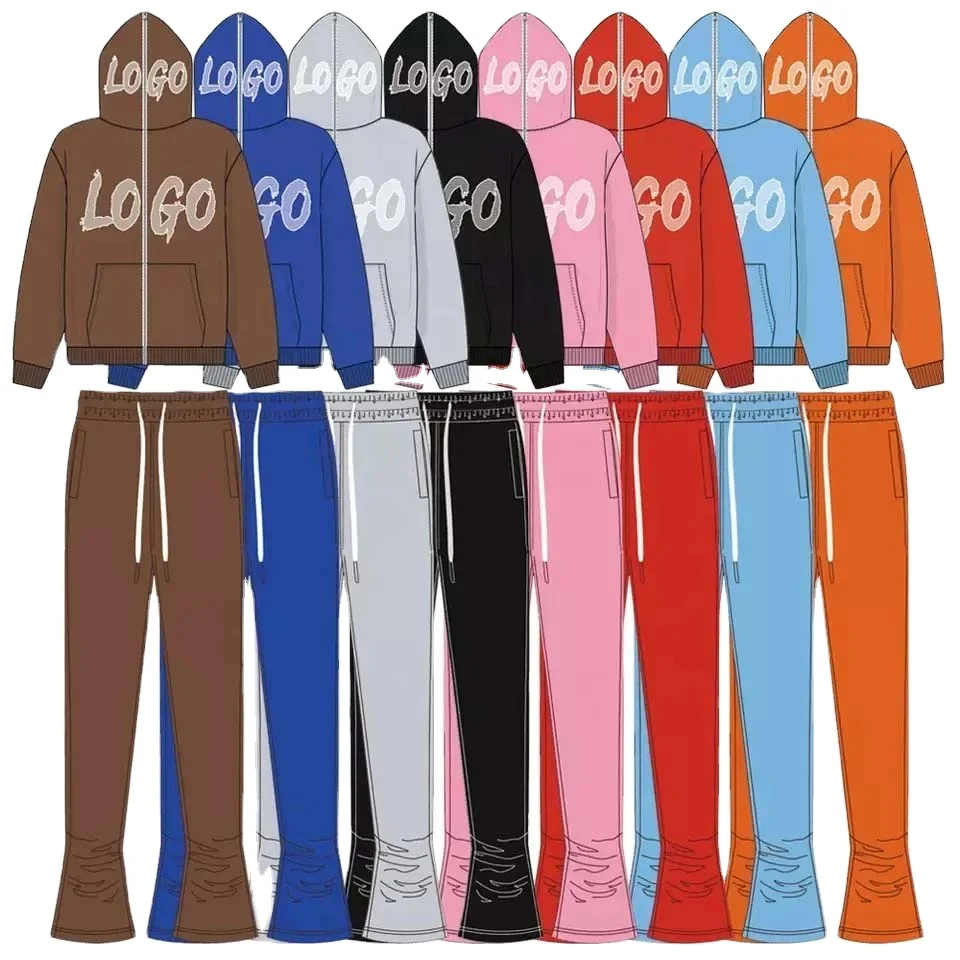 Custom Acid Washed Sweat Suits 100% Cotton French Terry Oversized Tracksuit Heavyweights Men Flare Sweatpants And Hoodie Set