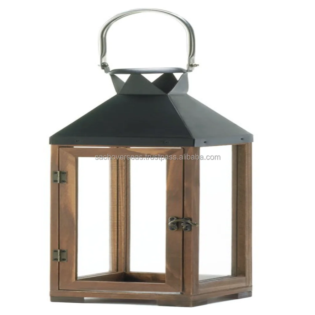 Exclusive Wood Candle Holder Lantern with Flat Black Metal Top