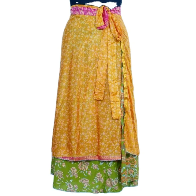 Women Party Wear Long Skirt Vintage Silk Sari Wrap Skirt Indian Sexy Magic Two Layer Boho Plus Size Wrap Around Skirt Recycled