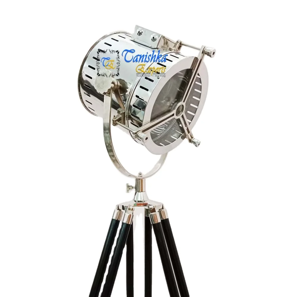 Vintage Decorative Nautical Marine Searchlight with Wooden Tripod Floor Stand Home Bedroom Corner Decor Spotlight