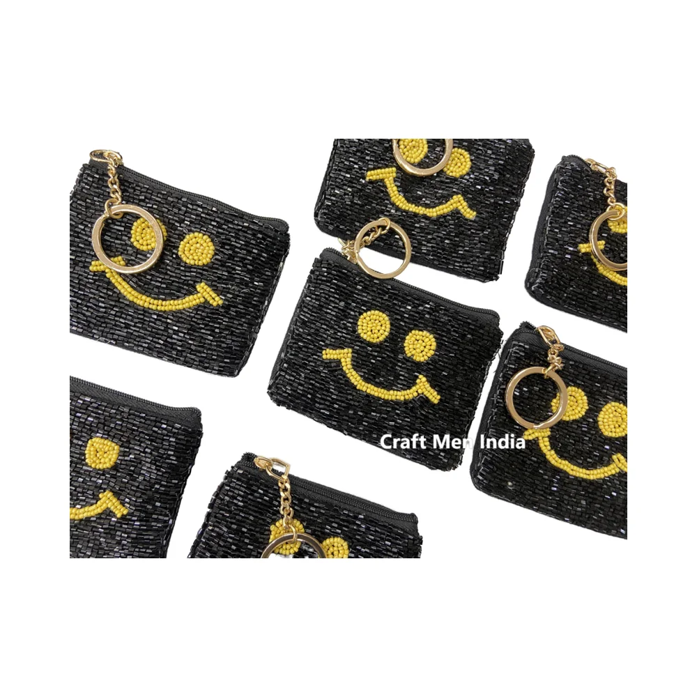 Handcrafted BADASS Word Beads Coin Purse - Smiley Face Beaded Coin Pouch - BADASS Beaded Coin Purse with Functional Zipper