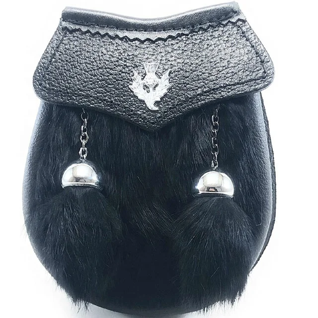 
White Genuine Fur Baby/Kids Kilt Sporran With Chrome Thistle Badge And Two Tassels 