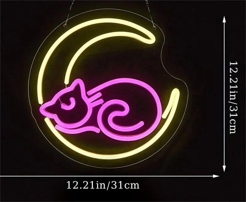 LED Neon Pink Moon Cat Night Light Personalised Neon Sign- Perfect Holiday Gift & Room Decoration