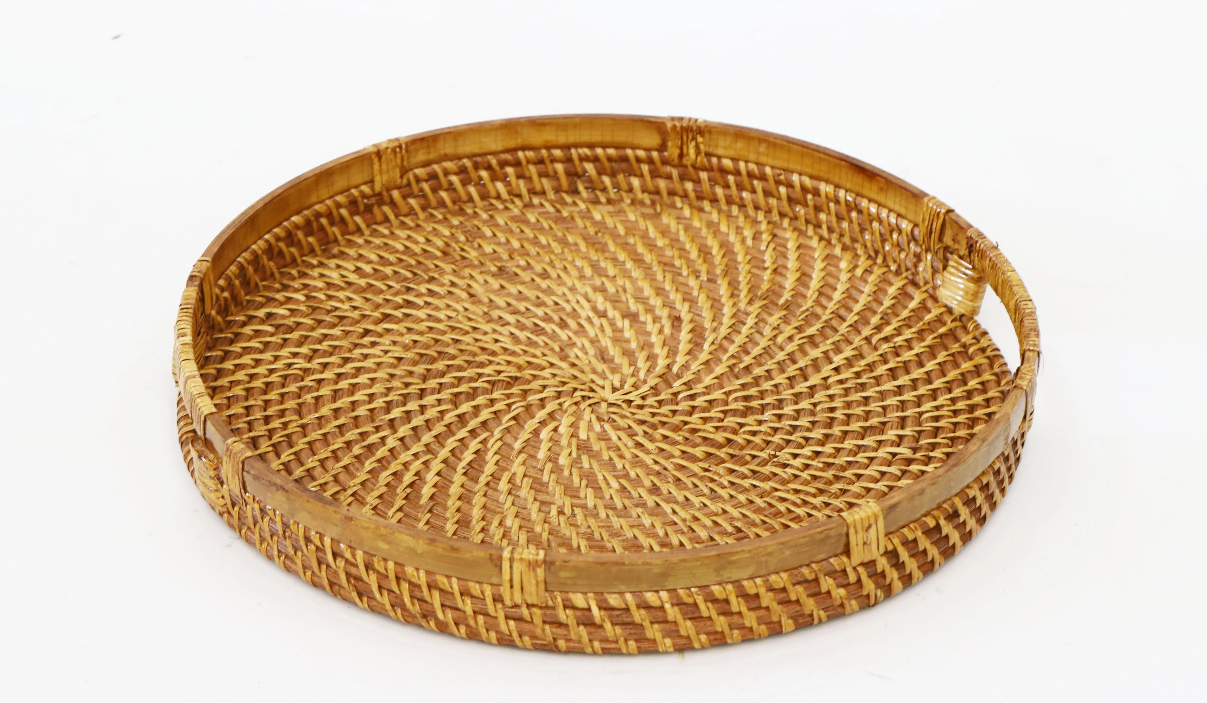 Rustic Hand Woven Round Rattan Storage Basket Serving Tray with Leather Handle for Home Decors
