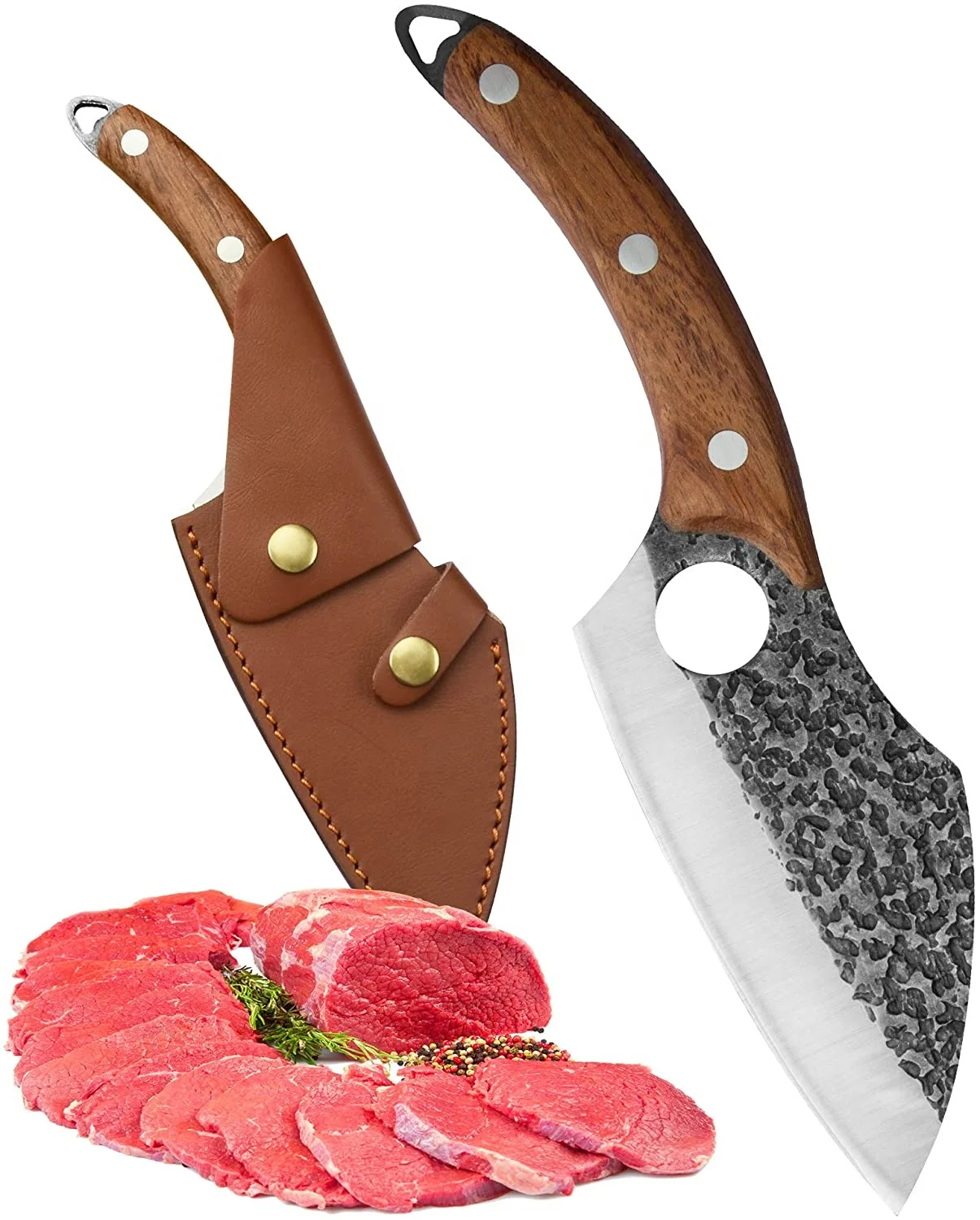 
6 inch Boning Knife Full Tang Handmade Forging Carving Knife 1095 Carbon Steel Blade with Soft Leather Sleeves for Carrying 