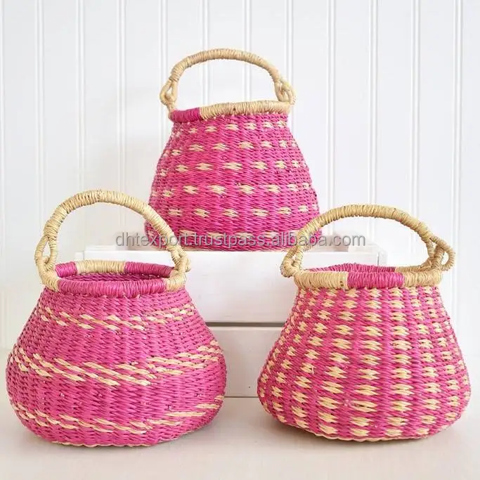 Hot item straw wicker woven round seagrass bolga baskets storage handmade craft vietnam cheapest wholesale uk clothing organizer