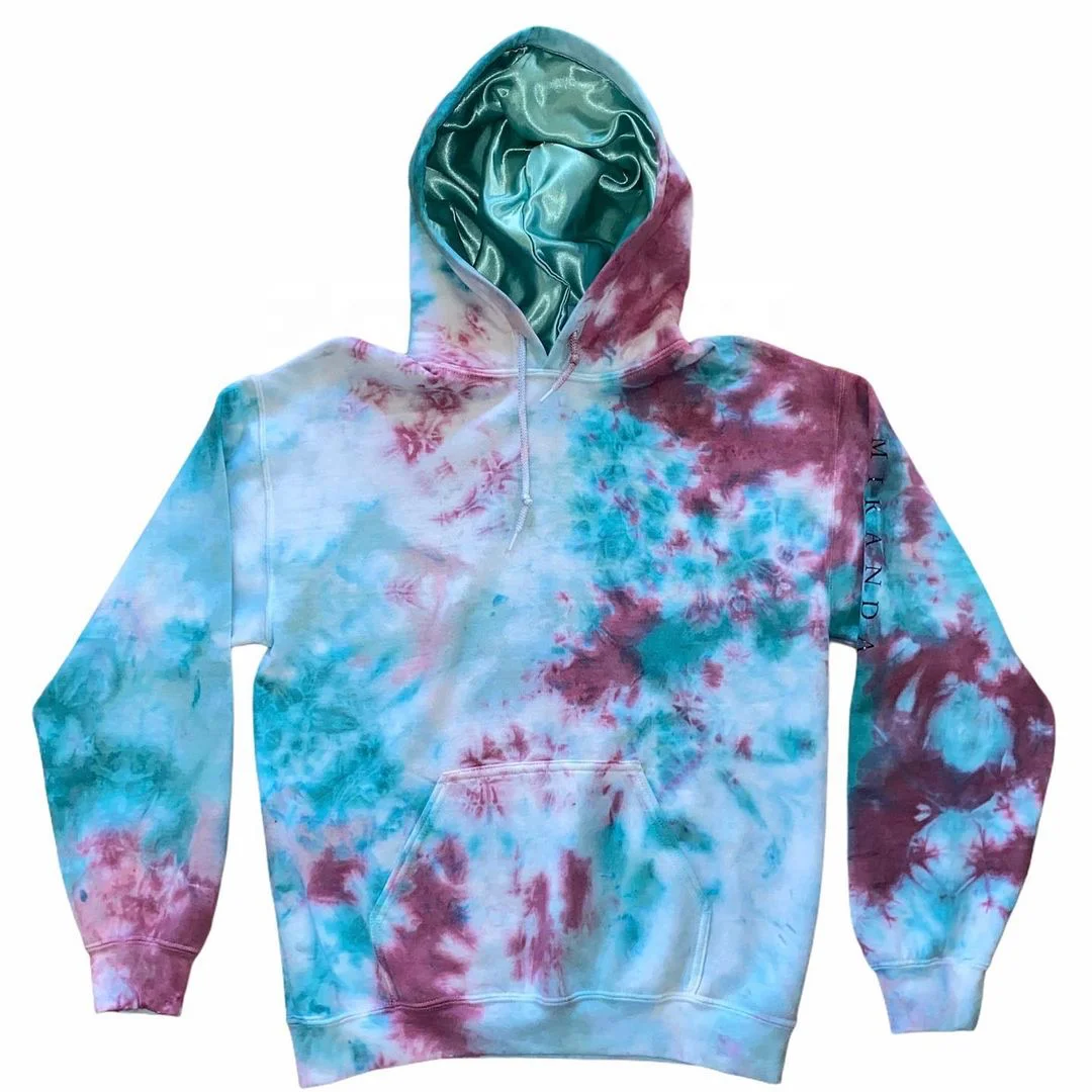 New Custom high quality unisex split pattern linen women embossed colorful with hood set full silk tie dye satin lined hoodie