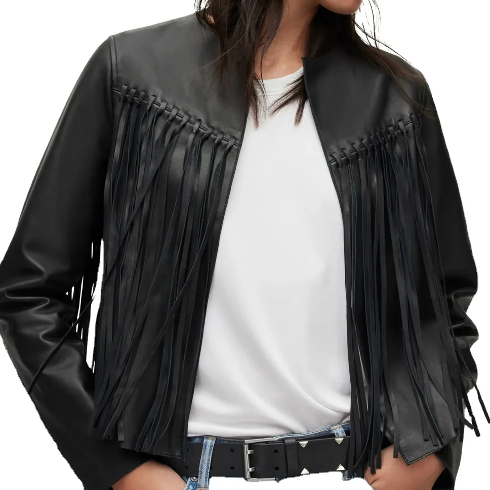 WOMENS FRINGED LEATHER JACKET WHOLESALE BLACK LEATHER Fringe Western cheap ladies fashion leather jacket biker jacket