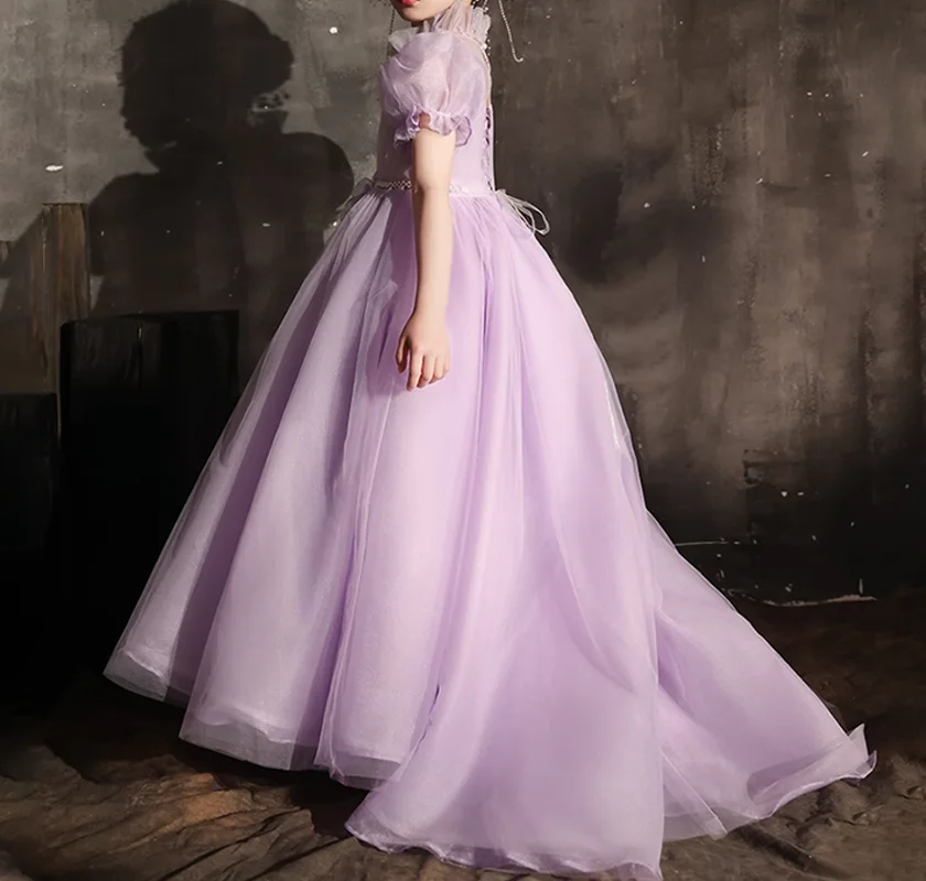 Fancy Kids Tulle Flower Girl Lilac Color Dress For Girls Dresses