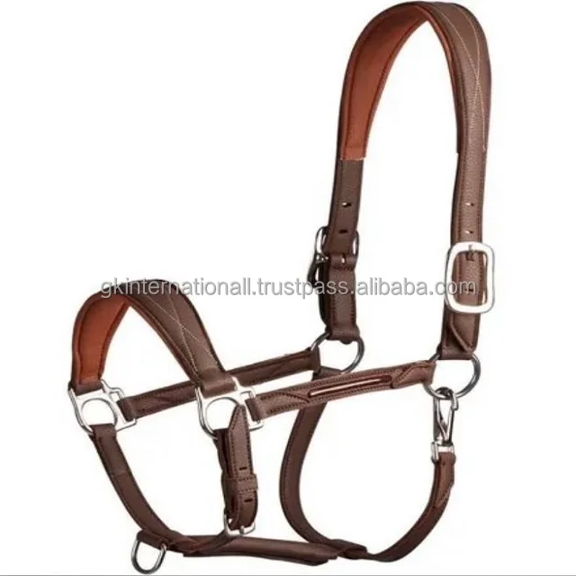Stylish Fancy stitched extra comfort lightweight padded leather horse halter with adjustable double crown brass buckle & rings