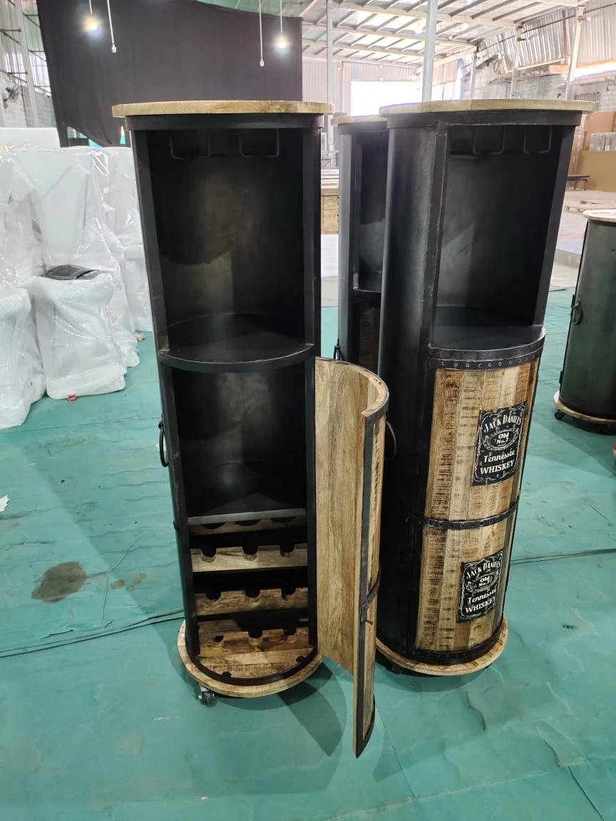 Latest Hot Selling Drum Shape Industrial Wooden Metal Wine Bar Cabinet