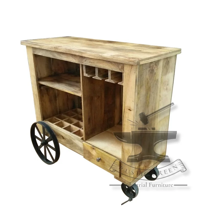 Industrial Wooden Bar Trolley Cabinet