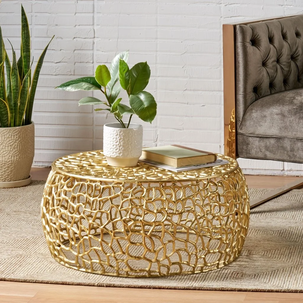 New Collection Modern Contemporary Solid Aluminum Round Mesh Coffee Table with Intricate Design Gold Finished