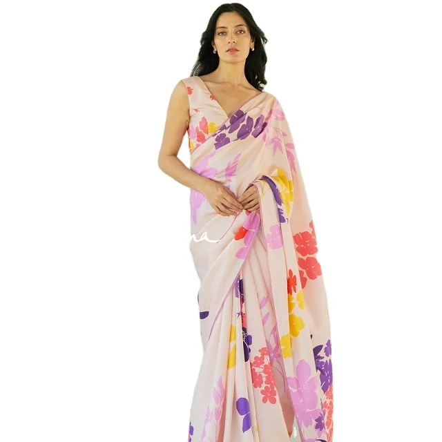 Elegant Party Dress Exquisite Satin Silk Saree Digital Floral Print V-Neck Blouse Floor-Length A-Line Simple Sleeveless