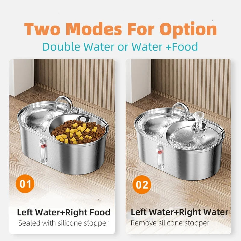 multi pets 2 in 1 two bowls water food stainless steel pet water fountain