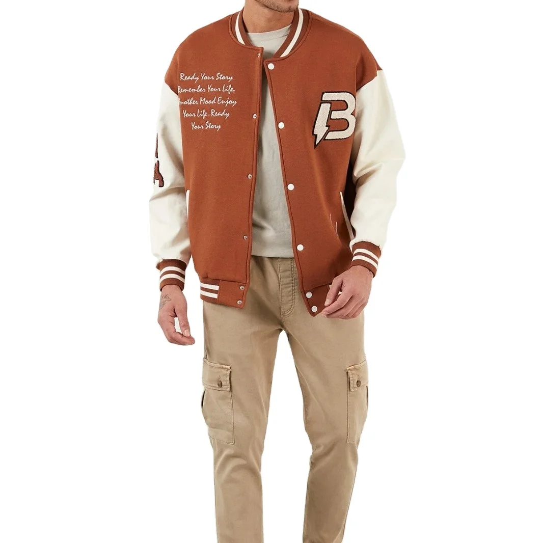 Unisex Varsity Bomber Jacket Custom Chenille Embroidery Genuine Leather Button Closure Letterman Applique Logo Varsity Jacket