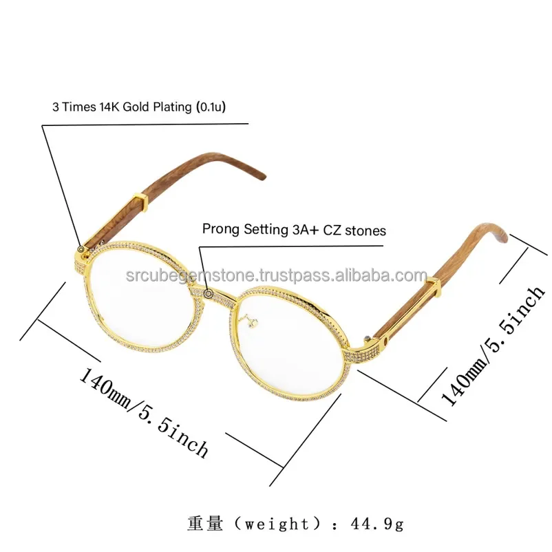 Vintage Round Moissanite Sunglasses Luxury Men Women Oval Crystal Wood Glasses Fashion Eyewear Hip Hop Jewelry