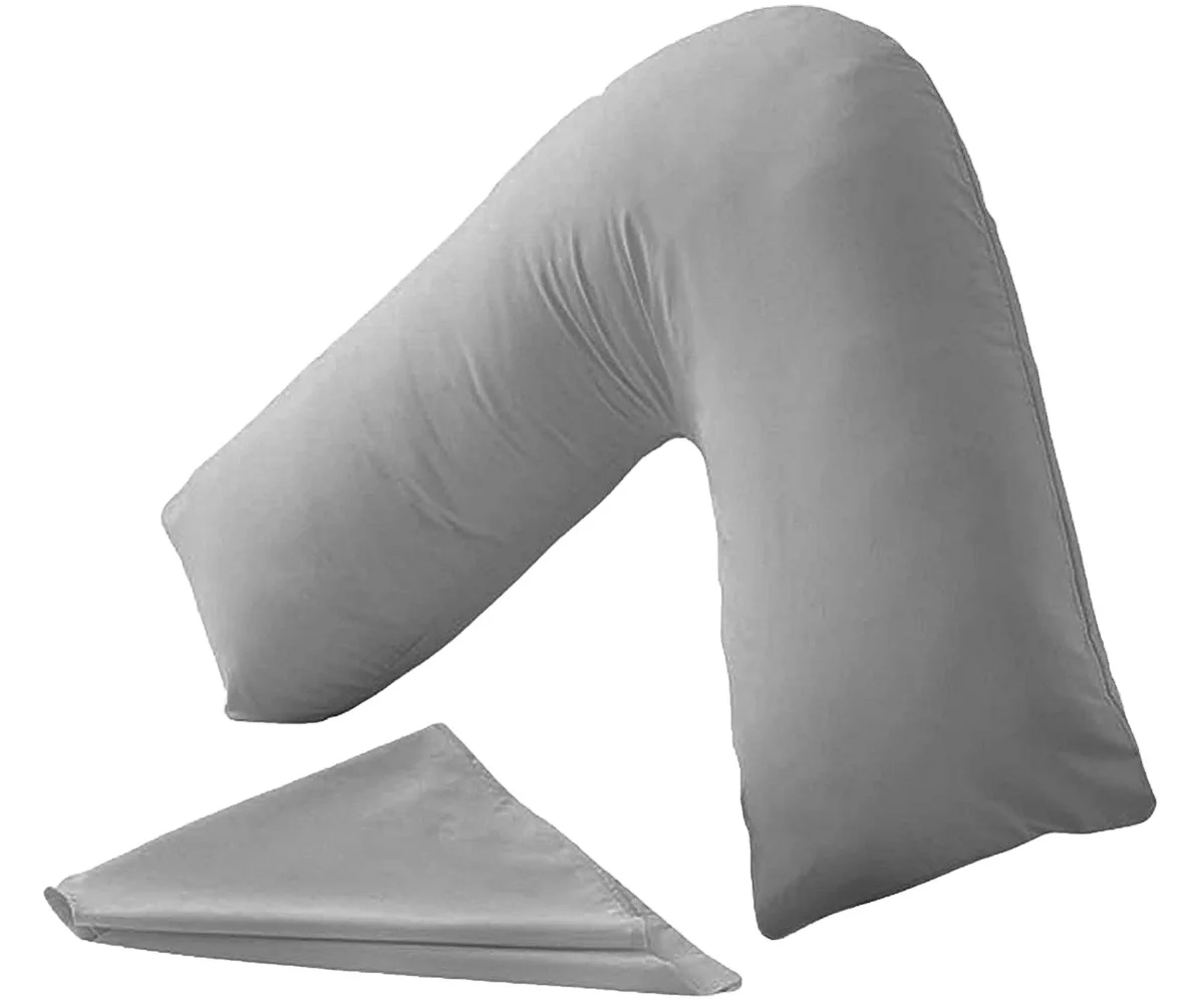 Luxury 100% cotton V-Shaped Pillow Extra Cushioning Support For Head Neck Back Grey With Cover
