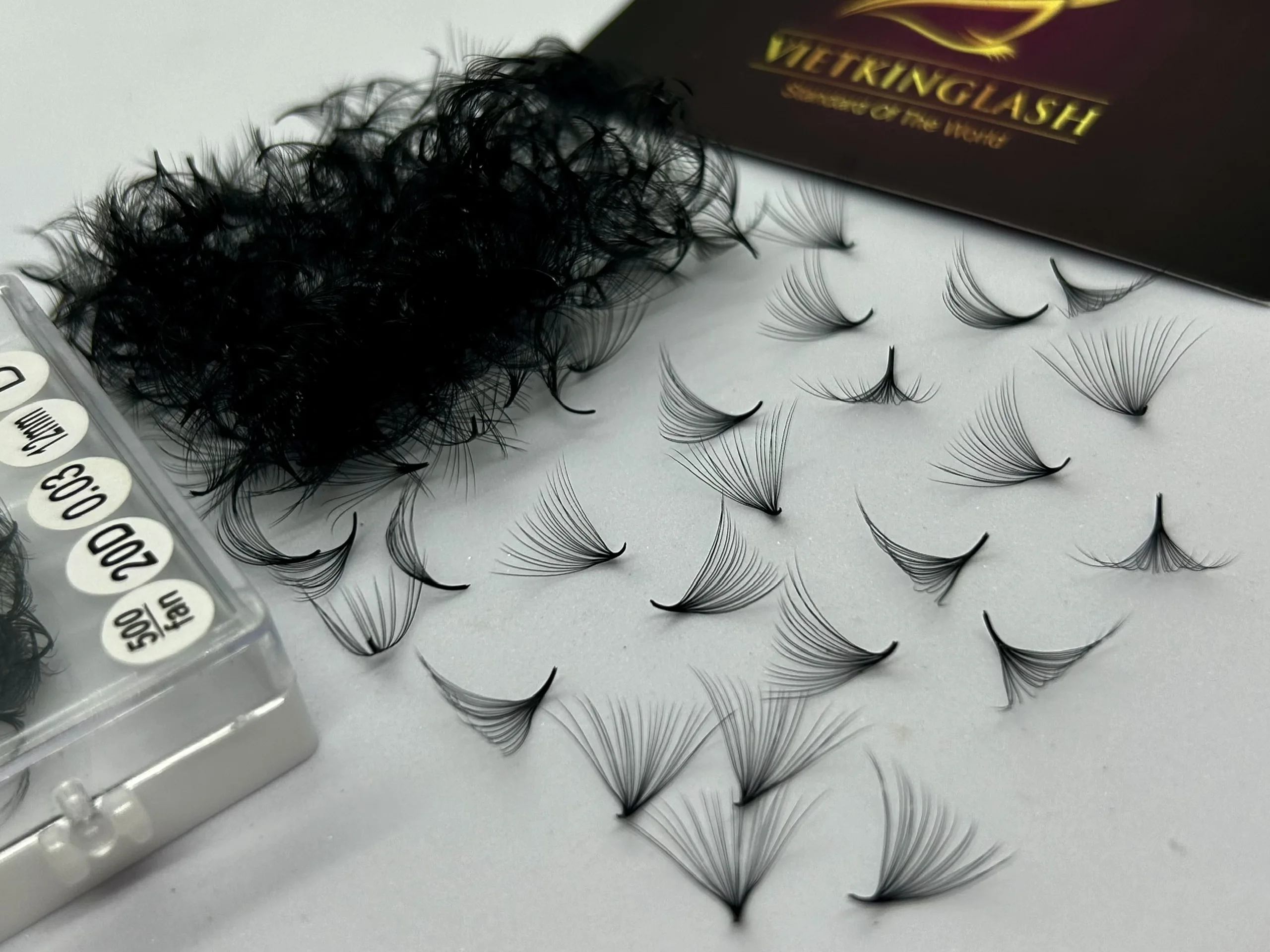 Wholesale 20D Short Stem 12mm 15mm Premade Fans Eyelash Extensions Custom Logo Russian Lash Extensions for Salons