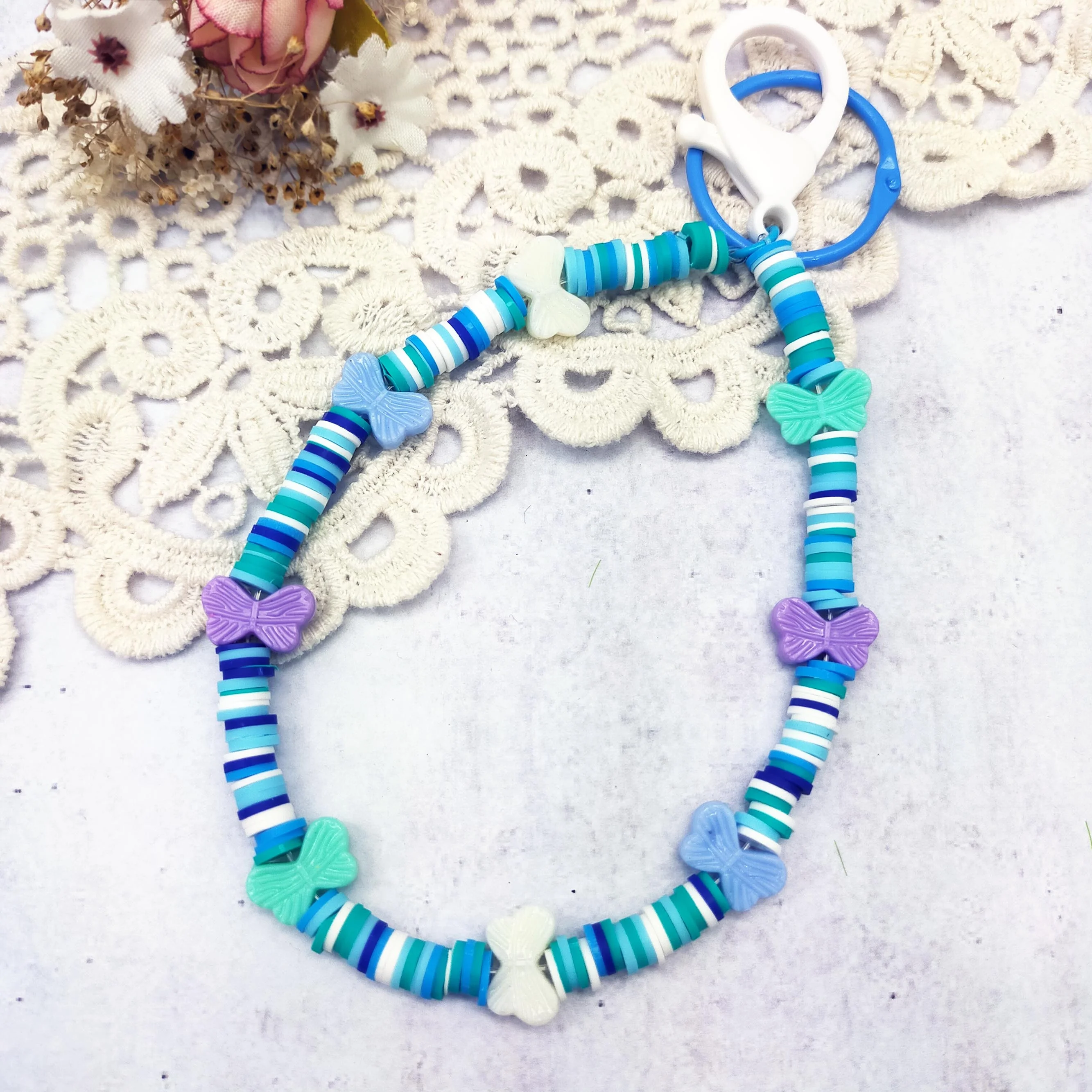 Fancy Vintage Fashion Jewelry Fancy  blue clay beads with plastic bow keychain