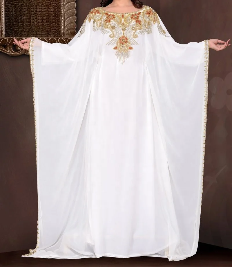Super Trendy White Caftan Long Gold Beaded Dress Kaftan Maxi Dress Dubai Traditional Muslim Clothing Accessories Wedding Evening