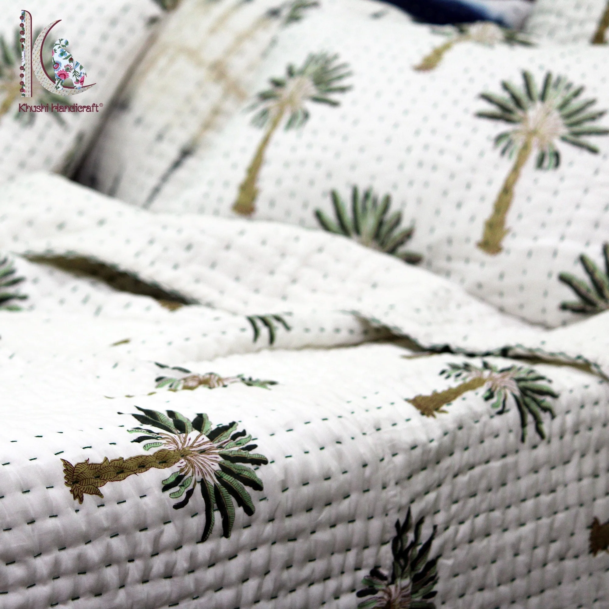 Зеленое одеяло kantha с пальмой оптовая продажа из 100% хлопка для королевской королевы