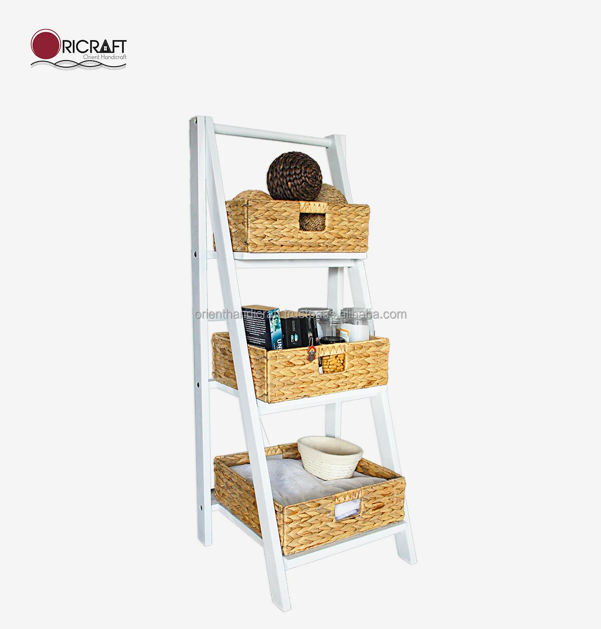 CAVIANA Hot Sell 3-tier Foldable White Wooden Ladder Shelf with Foldable Water-hyacinth Baskets