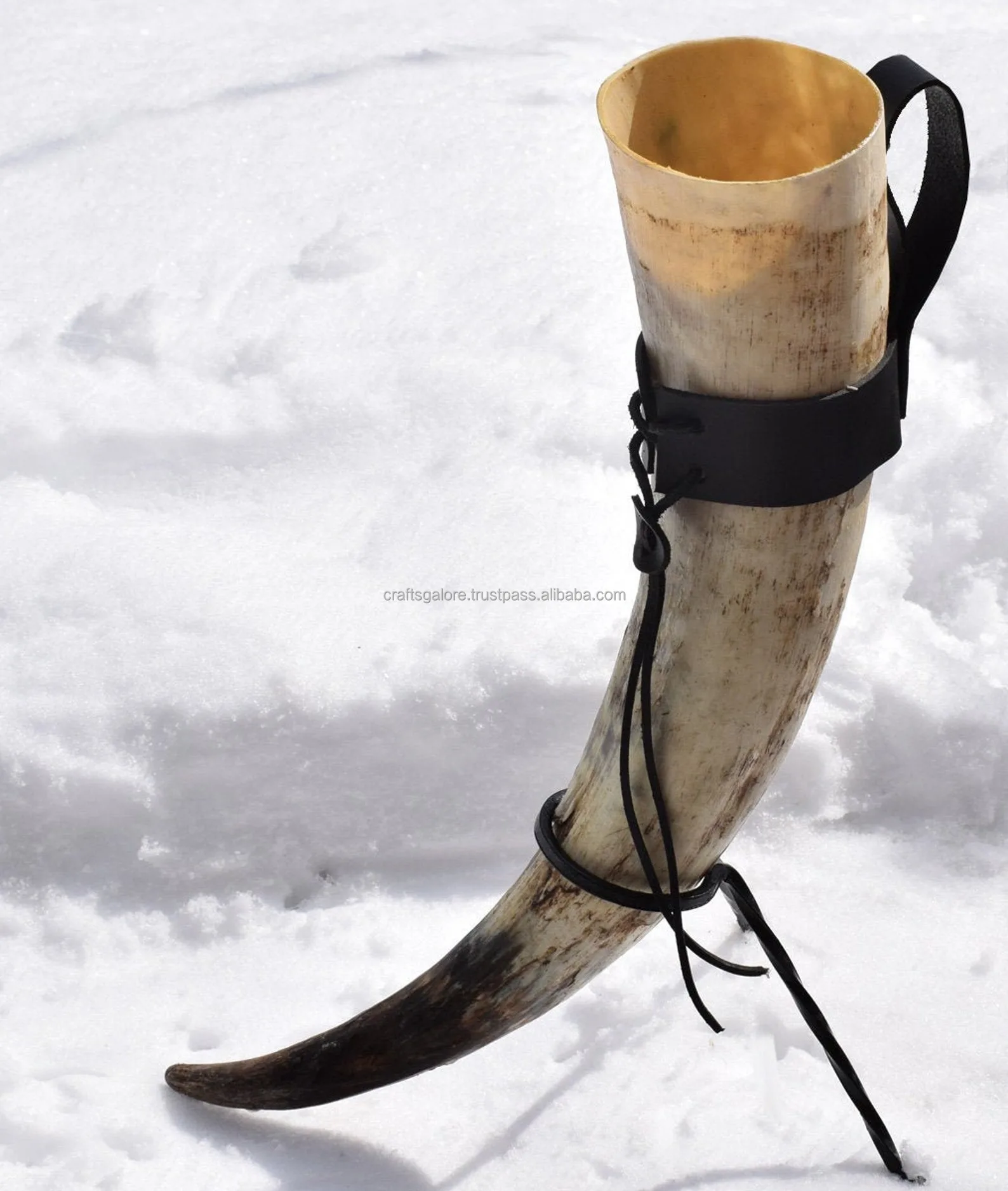 Viking Horn on Snowy Ground Mystery on the Mountain: A Viking Horn drinking horn with holster and metal stand