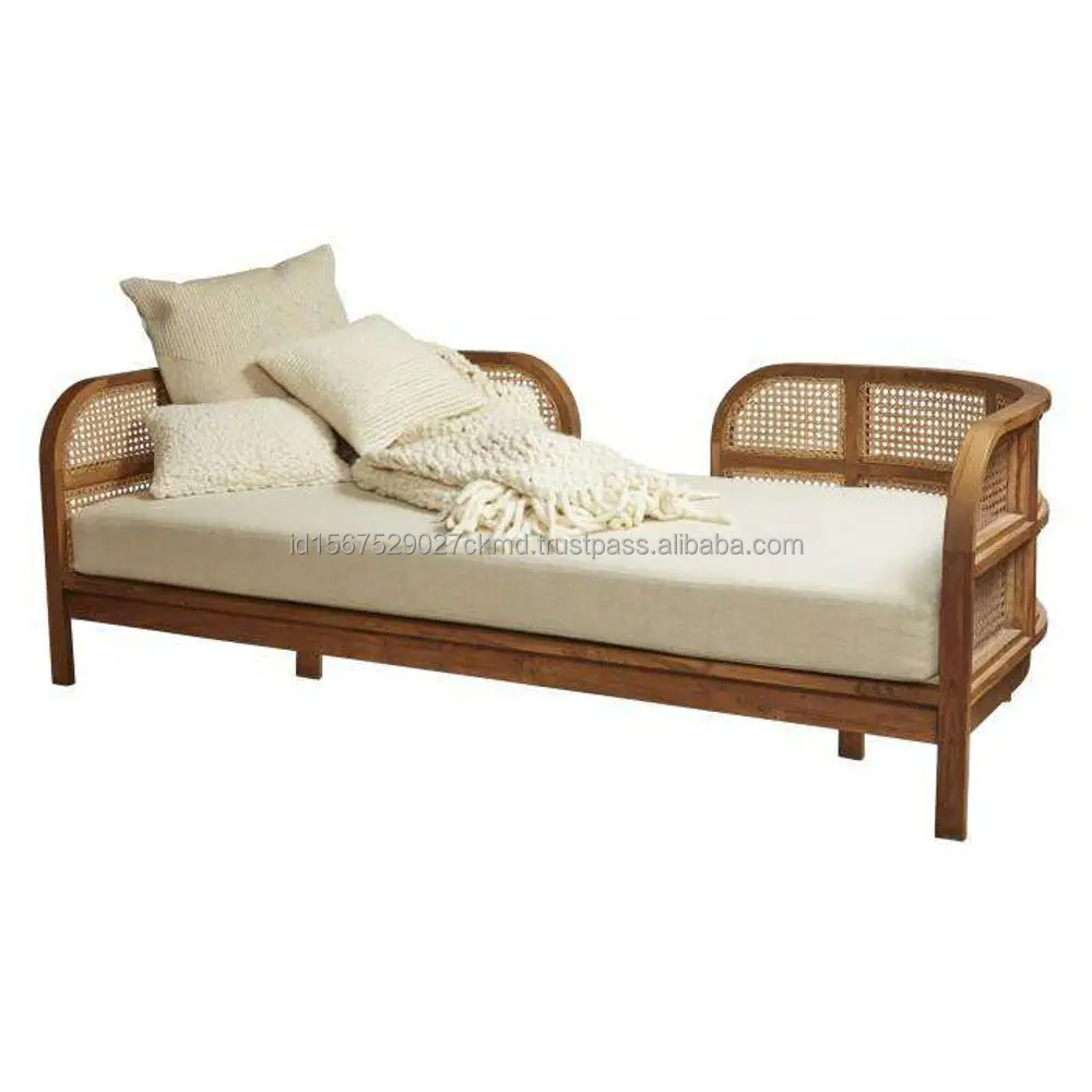 Daybed Sofa With Rattan Cane Brown Color Teak Wood Sunbeds Chaise Lounge- All Teak Furniture Indonesia Manufacture and Exporter