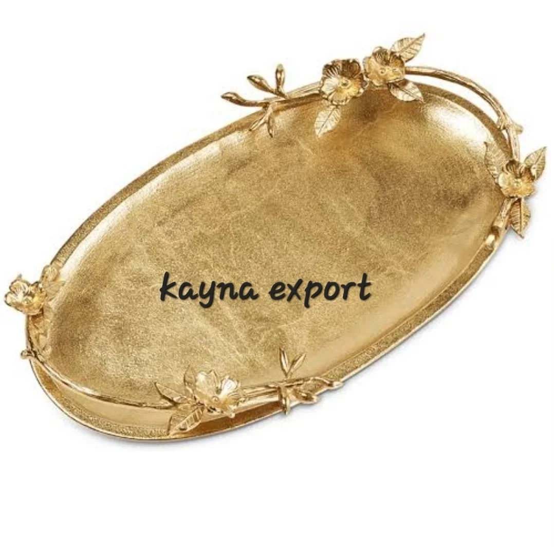 Handicraft metal casting tray plate  nickel platted  with leaf design handle