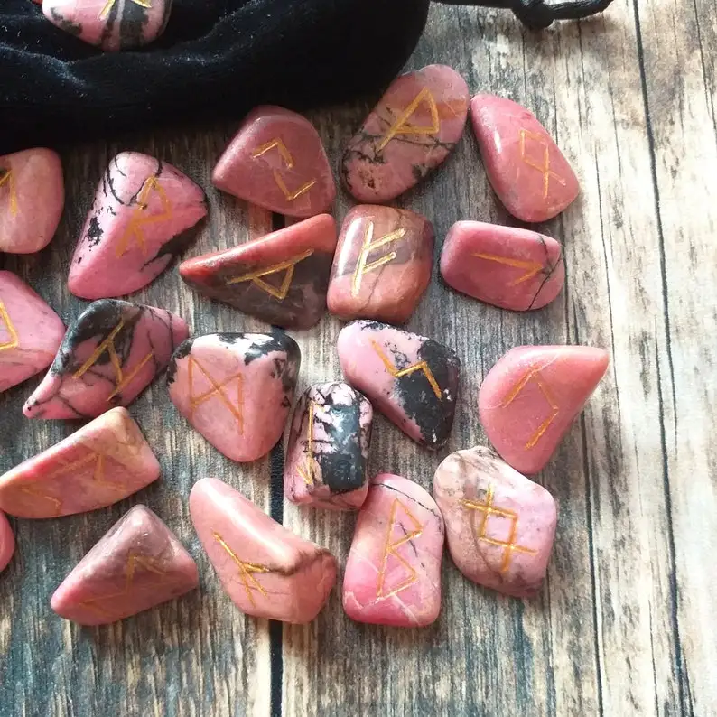 Rhodonite 25 Pcs Crystal Elder Futhark Rune Set Reiki Healing Chakra Balance Engraved Letter Handmade Gemstone Alfazal Agate