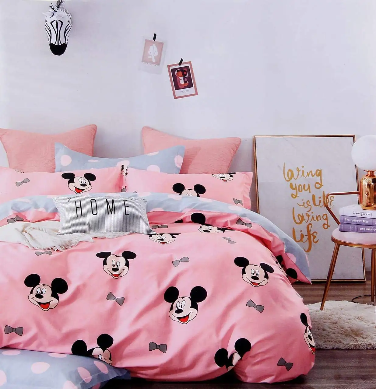3D Glace Cotton 140 TC Micky Mouse 3D Printed Queen Size Double Bed Modern Sheet with 2 Pillow Covers (Pink )