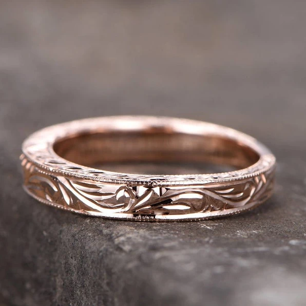Vintage Filigree Wedding Band Stacking Ring Milgrain Floral Design Rose Gold Plated Sterling Silver Anniversary Ring