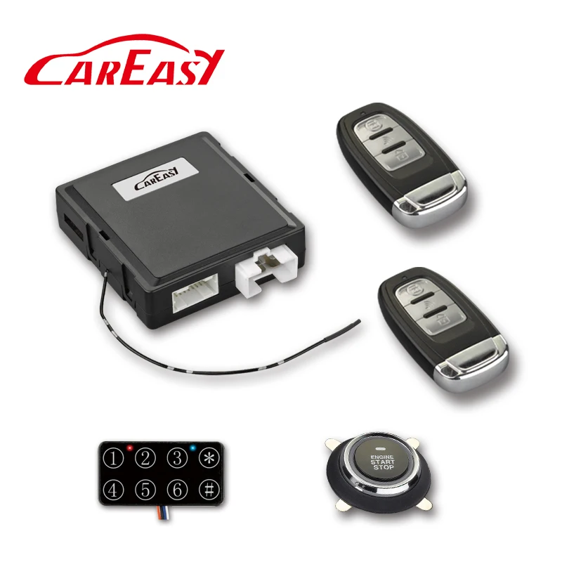 PKE smart key car alarm keyless push button start system with remote engine start and shock sensor