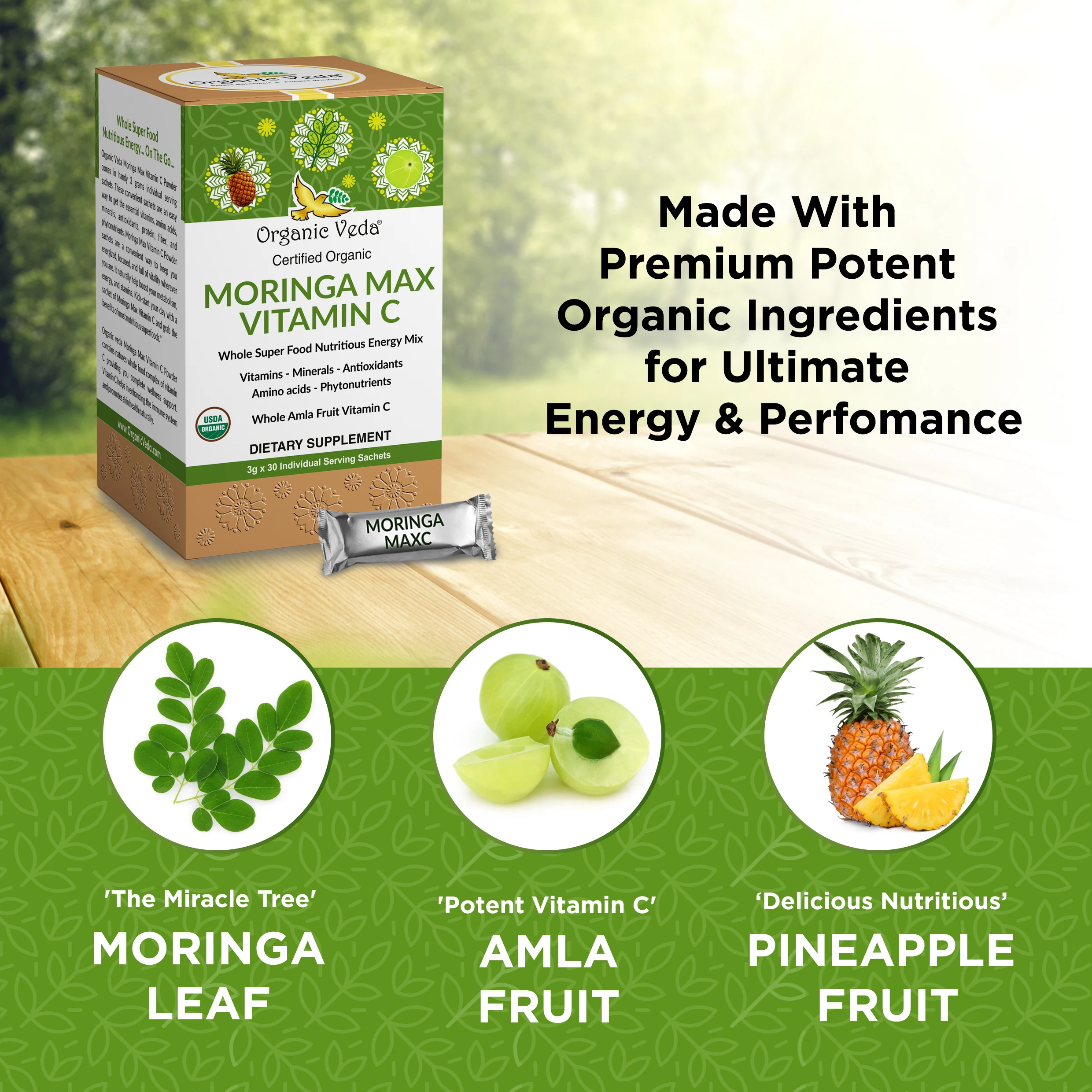 Certified organic Moringa Max Vitamin C energy drink sachet made with moringa, fresh amla fruits and pineapple