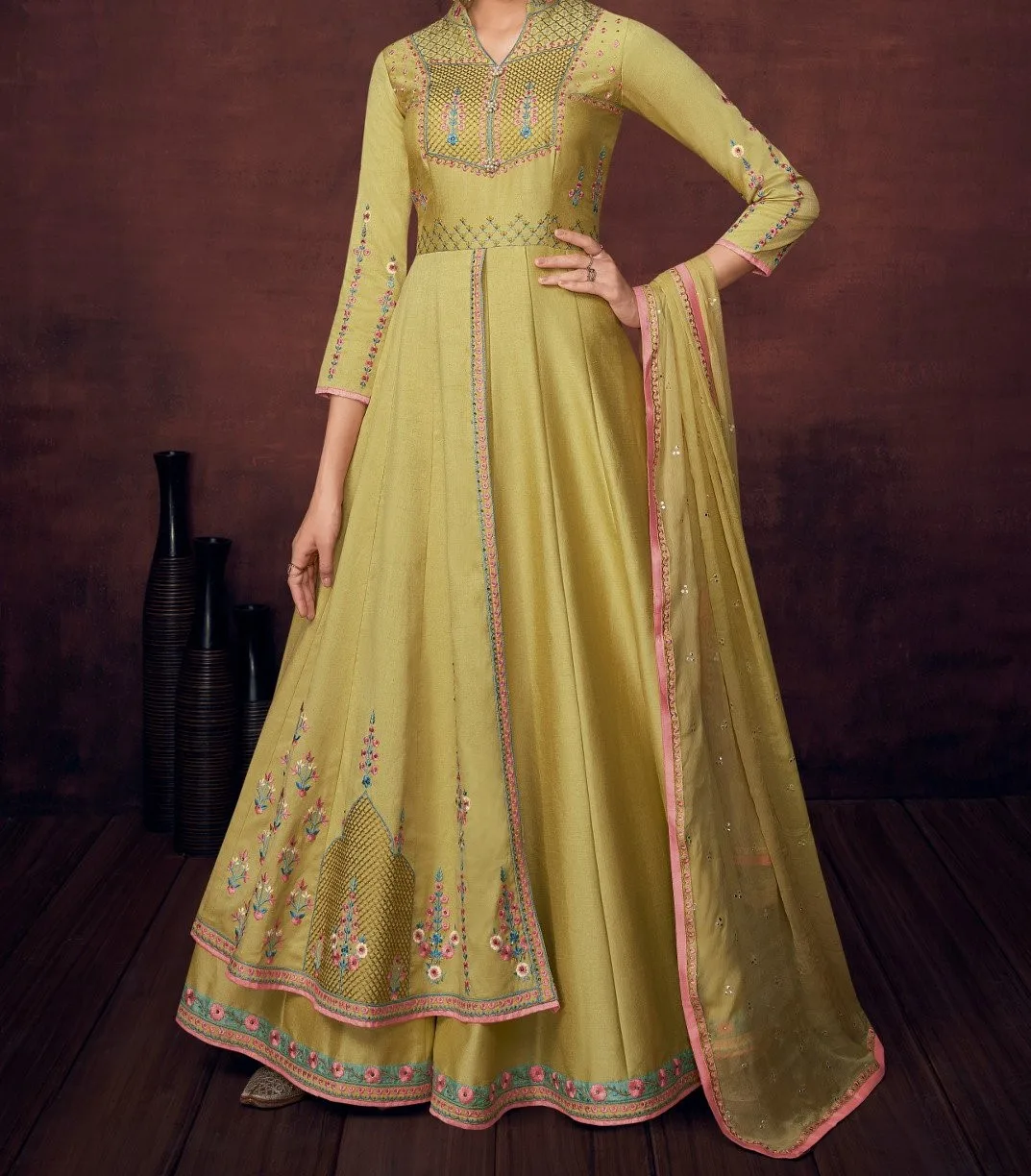 Stitched Silk Embroidered Anarkali Suit Set Traditional Woven Thread Work Handmade Handcrafted Parties Festivals Functions
