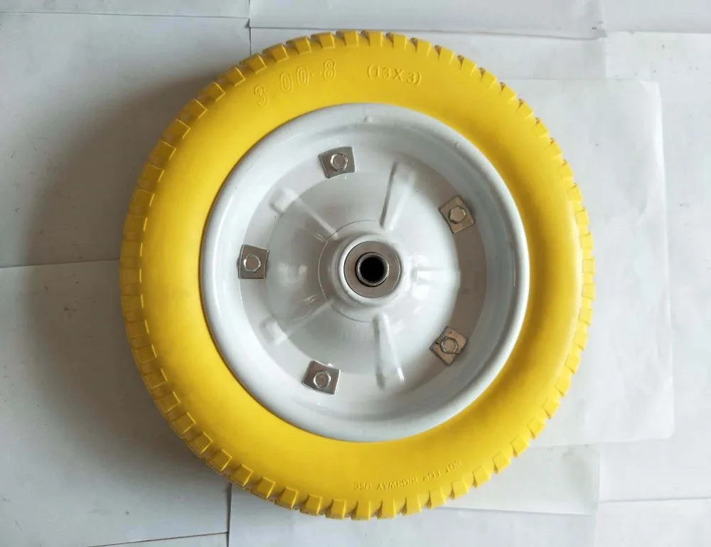 
Yellow And White Innovative Endurable Tire Wheels Steel Rubber PU Foam Wheel For Wheelbarrows 3.00-8-4 