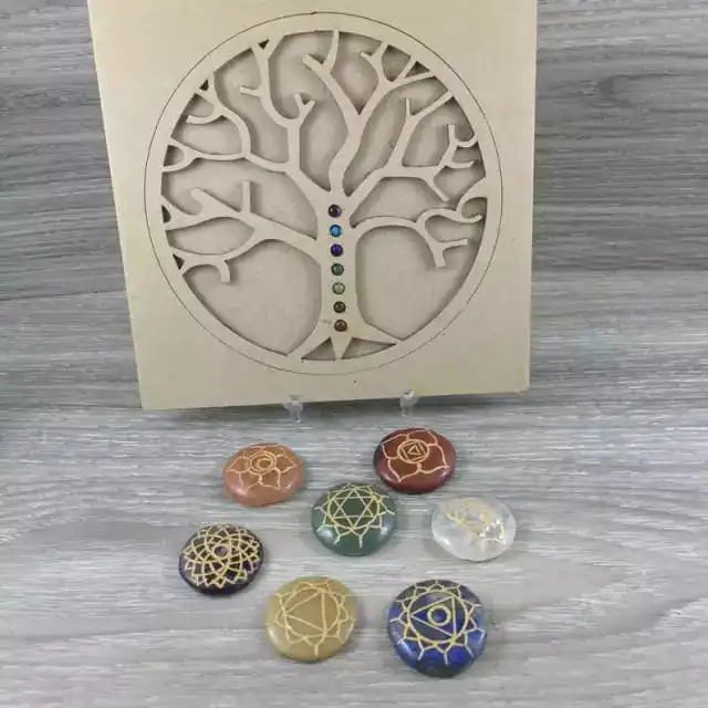 NEW PALMSTONE SEVEN CHAKRA HEALING SET ENGRAVED AND CARVED WITH WOODEN BOX SET / CHAKRA STONE MEDITATION BOX / PALM STONE BOX