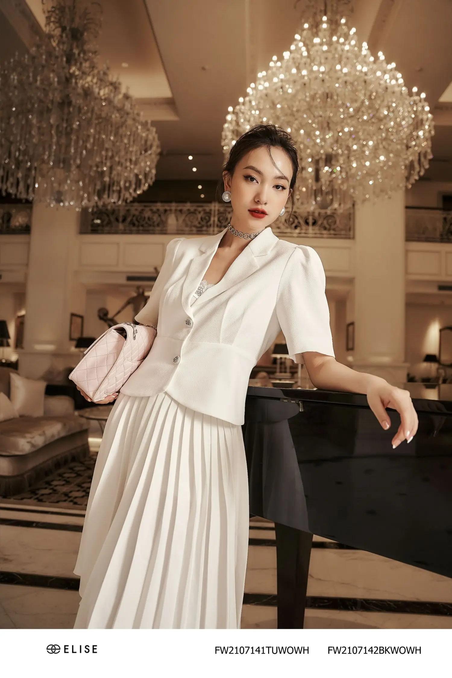Trending Autumn and Spring  Pleated V Line  Long  White Skirt Lady Office Dresses