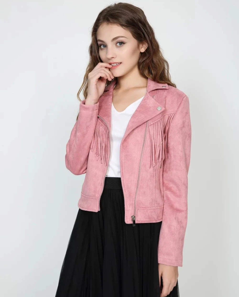 
Women New Long Sleeve Back Tassels Long Leather Tassels Jacket The Misfit Fringe Color Brown Slim Boyfriend Style PU Jacket Coat 