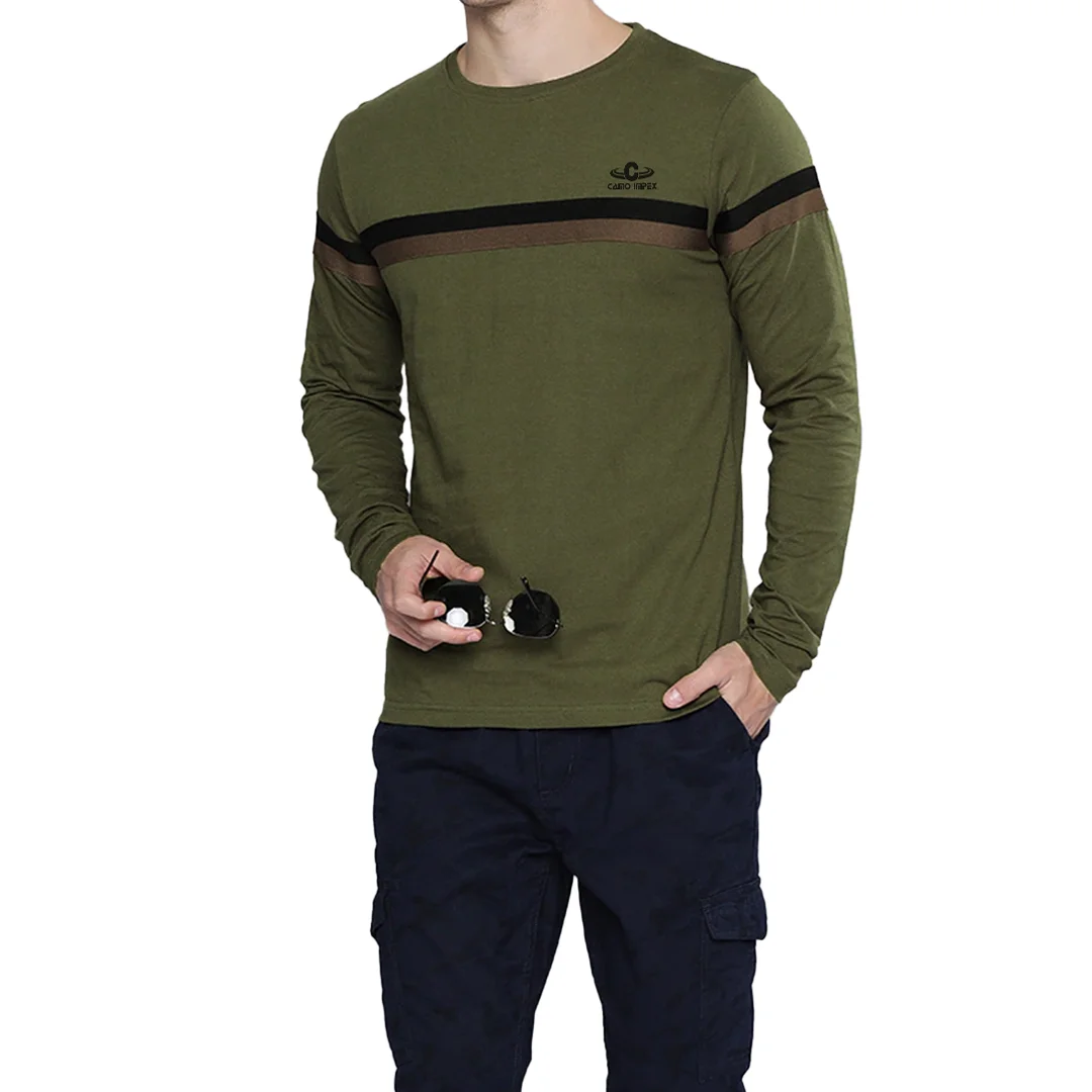 2021 Custom New Polyester Men Olive Green & Black Striped Cotton T-shirt With Custom Logo Manufactured By Camo Impex