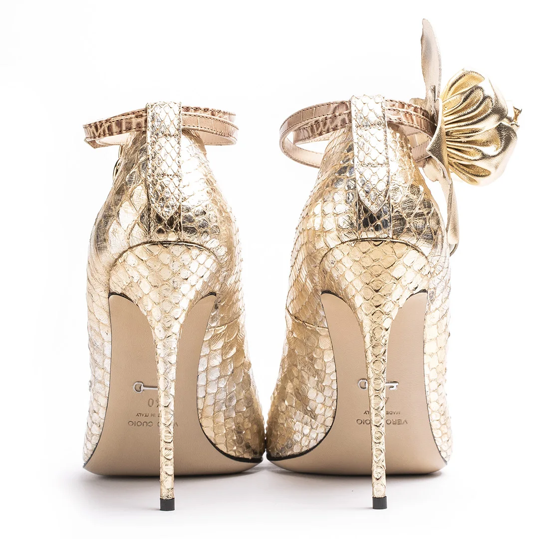 Handmade in Italy stiletto heel snakeskin leather and leather handmade roses woman pumps shoes