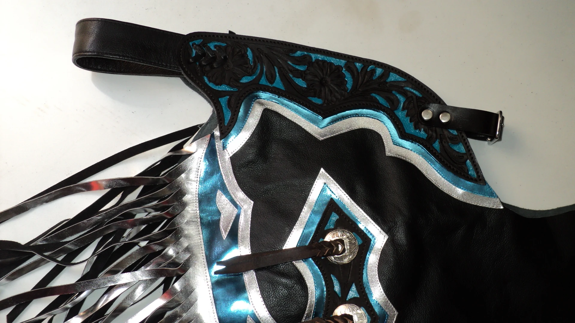 TOP SELLING WESTERN RIDING CHAPS WITH FRINGES /CUSTOM DESIGN LEATHER OR FABRIC RIDING CHAPS WITH FRINGES AND SILVER BUCKLES