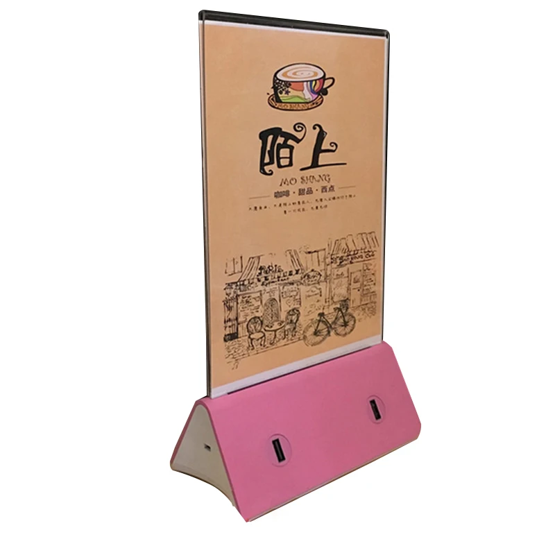 Factory custom hotel restaurant new pmma plexiglass acrylic table tent with usb menu stand holder acrylic menu holder power bank